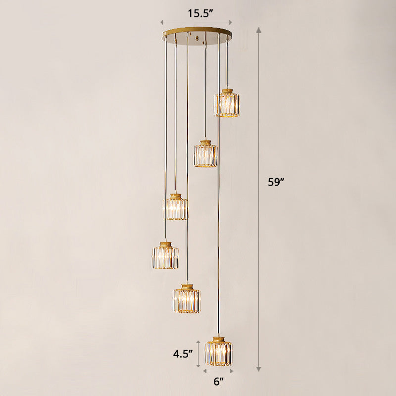 Prismatic Crystal Cylindrical Hanging Light Contemporary Cluster Pendant Light for Stairs Clearhalo 'Ceiling Lights' 'Close To Ceiling Lights' 'Glass shade' 'Glass' 'Modern Pendants' 'Modern' 'Pendant Lights' 'Pendants' Lighting' 2460313