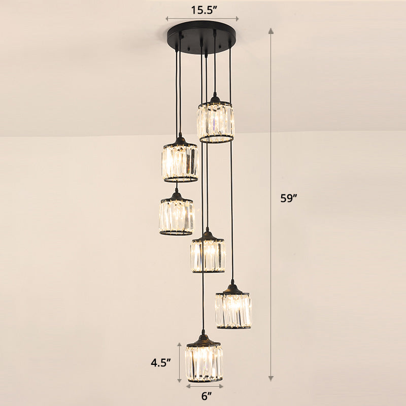 Prismatic Crystal Cylindrical Hanging Light Contemporary Cluster Pendant Light for Stairs Clearhalo 'Ceiling Lights' 'Close To Ceiling Lights' 'Glass shade' 'Glass' 'Modern Pendants' 'Modern' 'Pendant Lights' 'Pendants' Lighting' 2460316