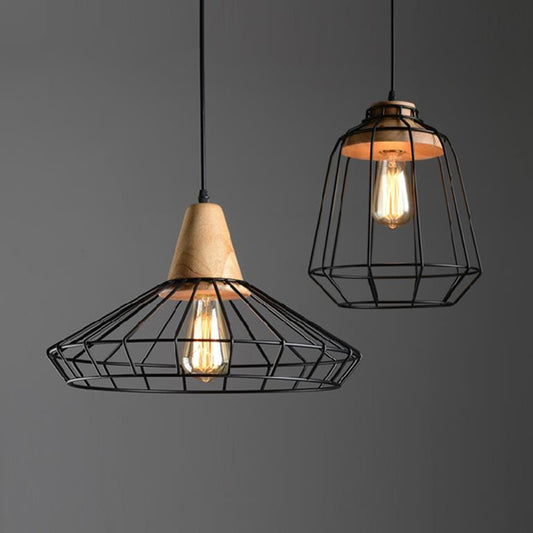 1-Light Caged Hanging Light Fixture Rustic Black Metal Commercial Pendant Lighting with Wooden Socket Clearhalo 'Art Deco Pendants' 'Black' 'Cast Iron' 'Ceiling Lights' 'Ceramic' 'Crystal' 'Industrial Pendants' 'Industrial' 'Metal' 'Middle Century Pendants' 'Pendant Lights' 'Pendants' 'Rustic Pendants' 'Tiffany' Lighting' 2460323
