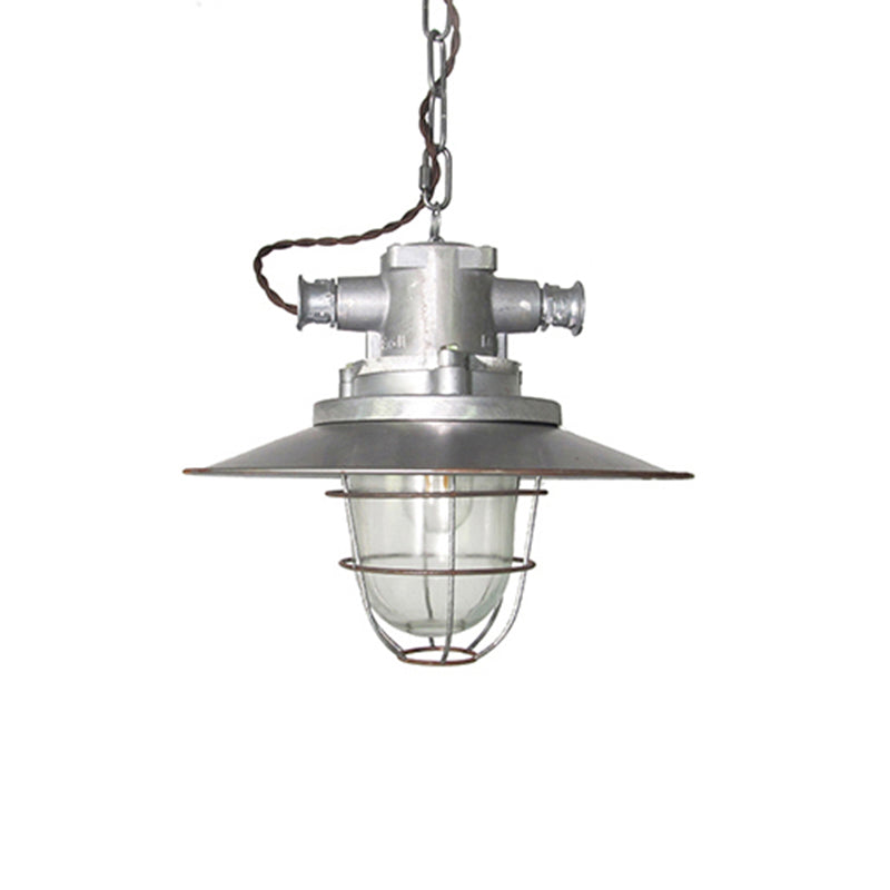 Silver Cage Pendant Light Steampunk Style Metal 1 Bulb Pub Ceiling Light Fixture Silver Flared Clearhalo 'Art Deco Pendants' 'Cast Iron' 'Ceiling Lights' 'Ceramic' 'Crystal' 'Industrial Pendants' 'Industrial' 'Metal' 'Middle Century Pendants' 'Pendant Lights' 'Pendants' 'Tiffany' Lighting' 2460329