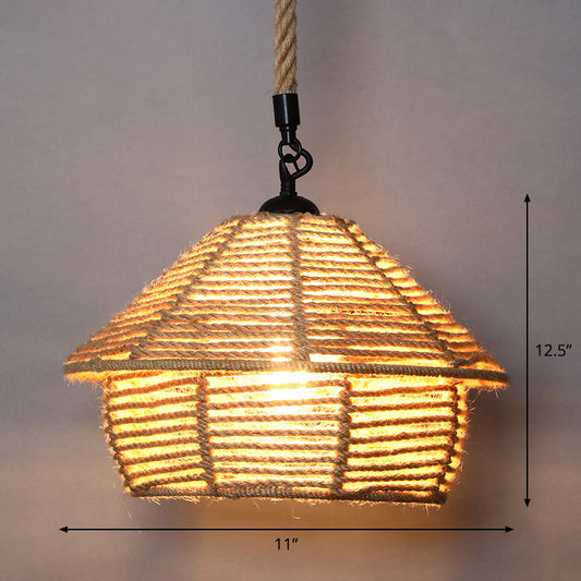 Single Cage Shade Pendulum Light Country Style Wood Rope Suspension Light for Restaurant Clearhalo 'Ceiling Lights' 'Industrial Pendants' 'Industrial' 'Middle Century Pendants' 'Pendant Lights' 'Pendants' 'Tiffany' Lighting' 2460348