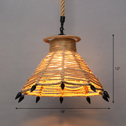Single Cage Shade Pendulum Light Country Style Wood Rope Suspension Light for Restaurant Clearhalo 'Ceiling Lights' 'Industrial Pendants' 'Industrial' 'Middle Century Pendants' 'Pendant Lights' 'Pendants' 'Tiffany' Lighting' 2460352