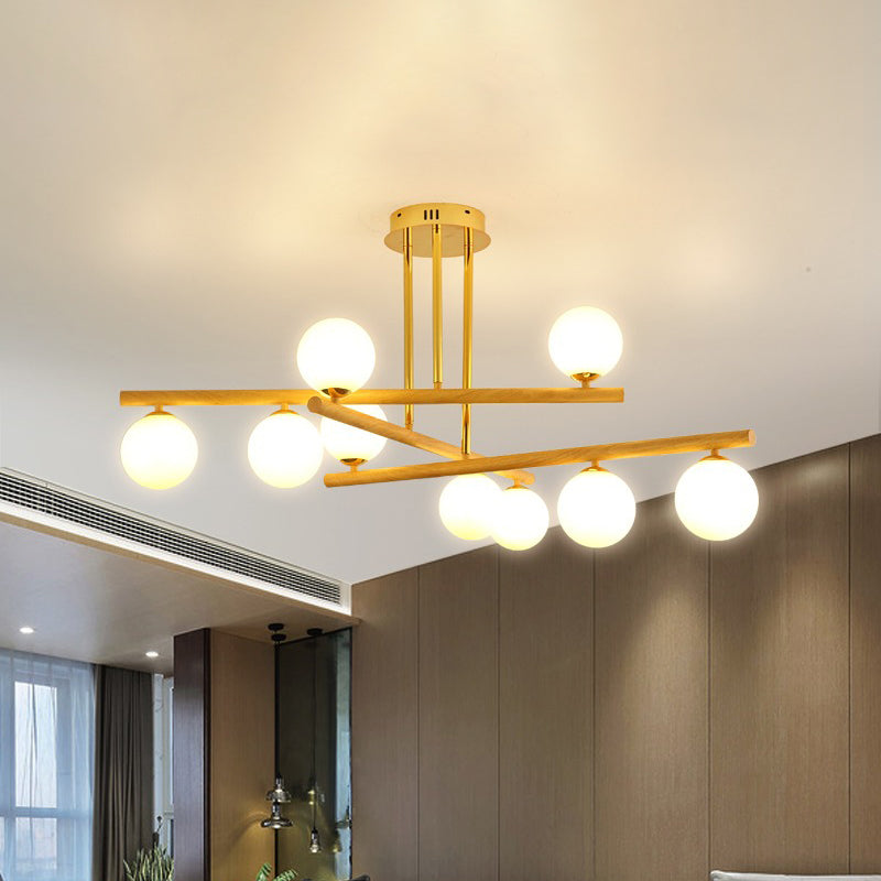 Minimalist Hanging Light Wood Spherical Chandelier with Opaline Glass Shade for Bedroom Clearhalo 'Carpenter Chandeliers' 'Ceiling Lights' 'Chandeliers' 'Industrial' 'Modern Chandeliers' 'Modern' Lighting' 2460381