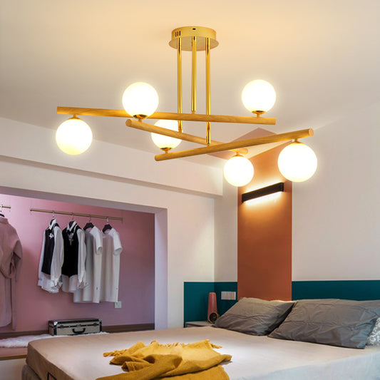 Minimalist Hanging Light Wood Spherical Chandelier with Opaline Glass Shade for Bedroom 6 Wood Clearhalo 'Carpenter Chandeliers' 'Ceiling Lights' 'Chandeliers' 'Industrial' 'Modern Chandeliers' 'Modern' Lighting' 2460383
