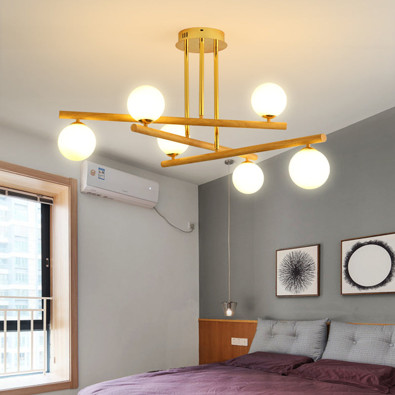 Minimalist Hanging Light Wood Spherical Chandelier with Opaline Glass Shade for Bedroom Clearhalo 'Carpenter Chandeliers' 'Ceiling Lights' 'Chandeliers' 'Industrial' 'Modern Chandeliers' 'Modern' Lighting' 2460384
