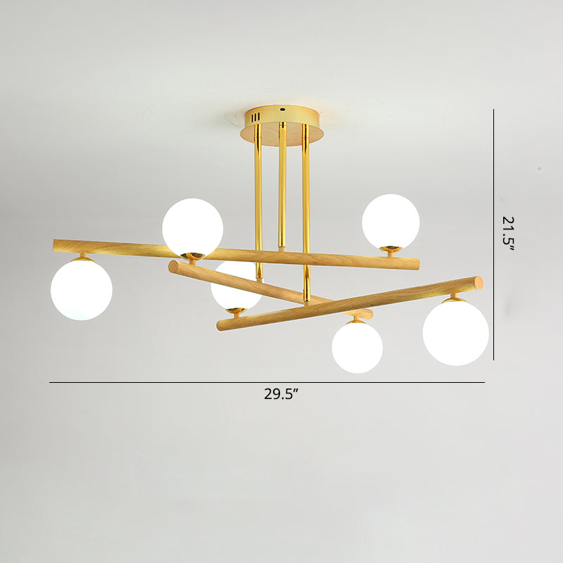 Minimalist Hanging Light Wood Spherical Chandelier with Opaline Glass Shade for Bedroom Clearhalo 'Carpenter Chandeliers' 'Ceiling Lights' 'Chandeliers' 'Industrial' 'Modern Chandeliers' 'Modern' Lighting' 2460386