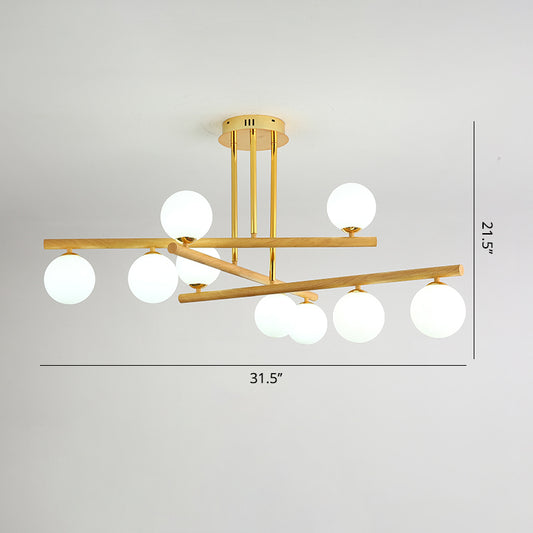 Minimalist Hanging Light Wood Spherical Chandelier with Opaline Glass Shade for Bedroom Clearhalo 'Carpenter Chandeliers' 'Ceiling Lights' 'Chandeliers' 'Industrial' 'Modern Chandeliers' 'Modern' Lighting' 2460387