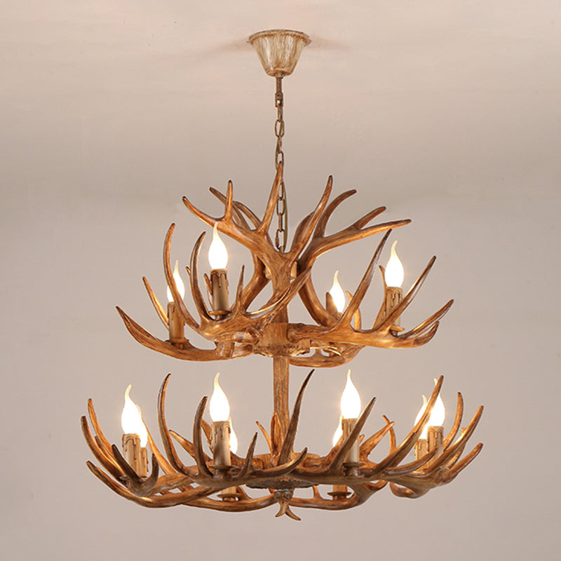 Resin Candle Suspension Light Country Style Restaurant Chandelier with Antler Deco 12 Brown Clearhalo 'Ceiling Lights' 'Chandeliers' Lighting' options 2460399_284a5f38-3935-4e59-a0cd-0f26d51cfb3d