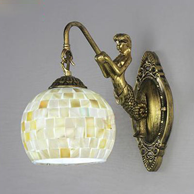 Shell Mosaic Wall Mounted Lamp Tiffany 1 Head Beige/Purple-Yellow/Blue-Yellow Sconce Light with Mermaid Backplate Clearhalo 'Industrial' 'Middle century wall lights' 'Tiffany wall lights' 'Tiffany' 'Wall Lamps & Sconces' 'Wall Lights' Lighting' 24604