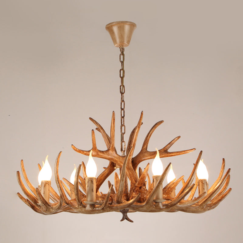 Resin Candle Suspension Light Country Style Restaurant Chandelier with Antler Deco 9 Brown Clearhalo 'Ceiling Lights' 'Chandeliers' Lighting' options 2460400_f56ac46c-c38c-48ff-a152-e9c36eecf23a