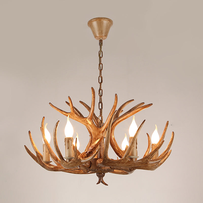 Resin Candle Suspension Light Country Style Restaurant Chandelier with Antler Deco 6 Brown Clearhalo 'Ceiling Lights' 'Chandeliers' Lighting' options 2460404_b2bd3024-5994-4749-b751-be3b8dae9e37