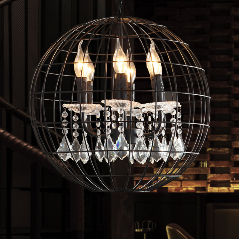 Spherical Wire Cage Iron Pendant Chandelier Rustic Restaurant Suspension Light in Black with Crystal Drops Clearhalo 'Cast Iron' 'Ceiling Lights' 'Chandeliers' 'Industrial Chandeliers' 'Industrial' 'Metal' 'Middle Century Chandeliers' 'Rustic Chandeliers' 'Tiffany' Lighting' 2460413