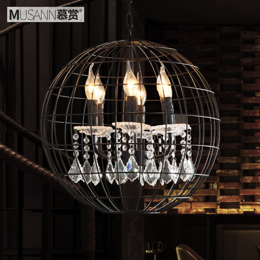 Spherical Wire Cage Iron Pendant Chandelier Rustic Restaurant Suspension Light in Black with Crystal Drops Black Clearhalo 'Cast Iron' 'Ceiling Lights' 'Chandeliers' 'Industrial Chandeliers' 'Industrial' 'Metal' 'Middle Century Chandeliers' 'Rustic Chandeliers' 'Tiffany' Lighting' 2460414