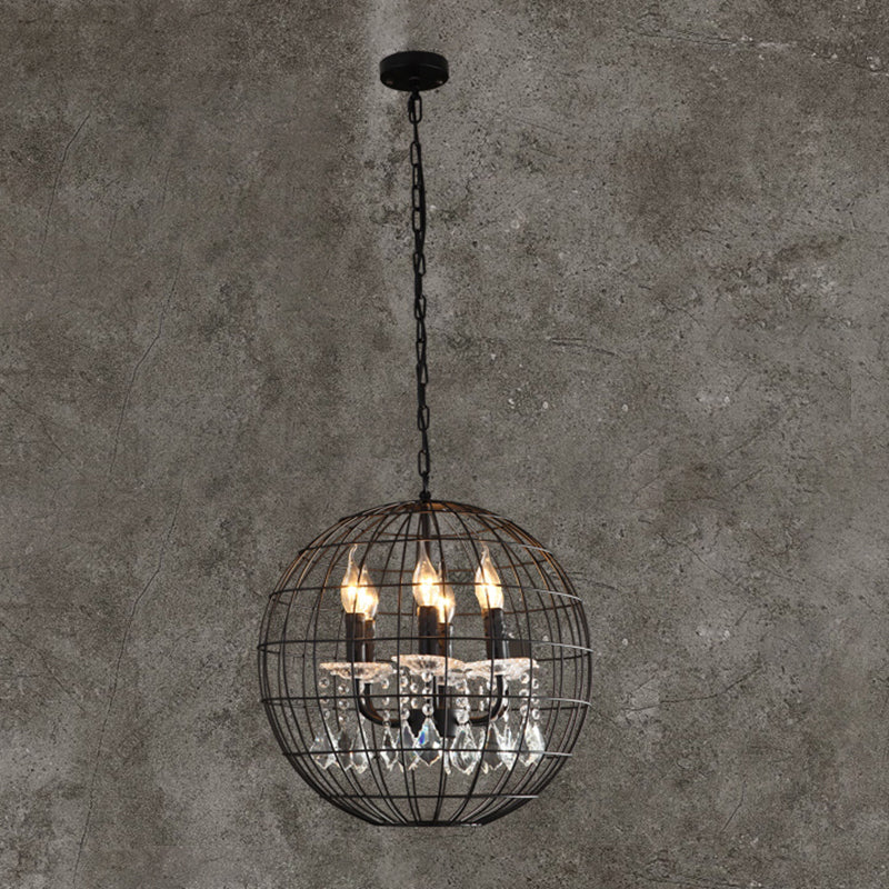 Spherical Wire Cage Iron Pendant Chandelier Rustic Restaurant Suspension Light in Black with Crystal Drops 6 Black Clearhalo 'Cast Iron' 'Ceiling Lights' 'Chandeliers' 'Industrial Chandeliers' 'Industrial' 'Metal' 'Middle Century Chandeliers' 'Rustic Chandeliers' 'Tiffany' Lighting' 2460415
