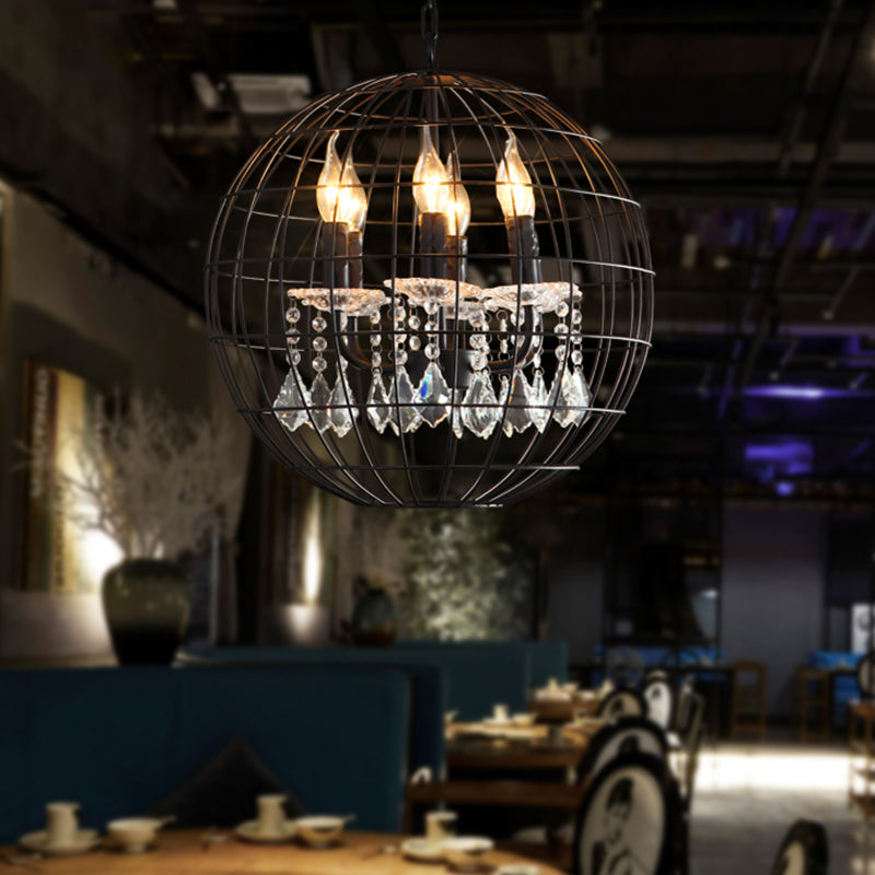 Spherical Wire Cage Iron Pendant Chandelier Rustic Restaurant Suspension Light in Black with Crystal Drops Clearhalo 'Cast Iron' 'Ceiling Lights' 'Chandeliers' 'Industrial Chandeliers' 'Industrial' 'Metal' 'Middle Century Chandeliers' 'Rustic Chandeliers' 'Tiffany' Lighting' 2460416
