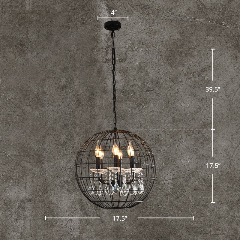 Spherical Wire Cage Iron Pendant Chandelier Rustic Restaurant Suspension Light in Black with Crystal Drops Clearhalo 'Cast Iron' 'Ceiling Lights' 'Chandeliers' 'Industrial Chandeliers' 'Industrial' 'Metal' 'Middle Century Chandeliers' 'Rustic Chandeliers' 'Tiffany' Lighting' 2460420