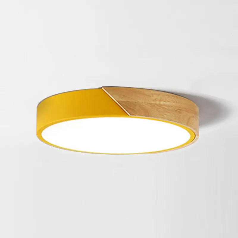 Macaron Ceiling Lighting Round LED Flush Mounted Lamp with Acrylic Shade and Wood Decoration Yellow Clearhalo 'Ceiling Lights' 'Close To Ceiling Lights' 'Close to ceiling' 'Flush mount' Lighting' 2460463