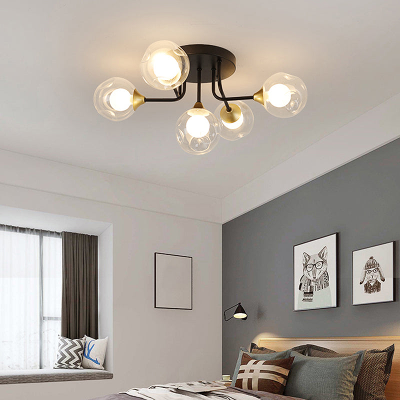 Dual Glass Ball Flush Mount Ceiling Light Minimalist Black Semi Flush Light Fixture for Bedroom 5 Black Clearhalo 'Ceiling Lights' 'Close To Ceiling Lights' 'Close to ceiling' 'Glass shade' 'Glass' 'Pendant Lights' 'Semi-flushmount' Lighting' 2460472