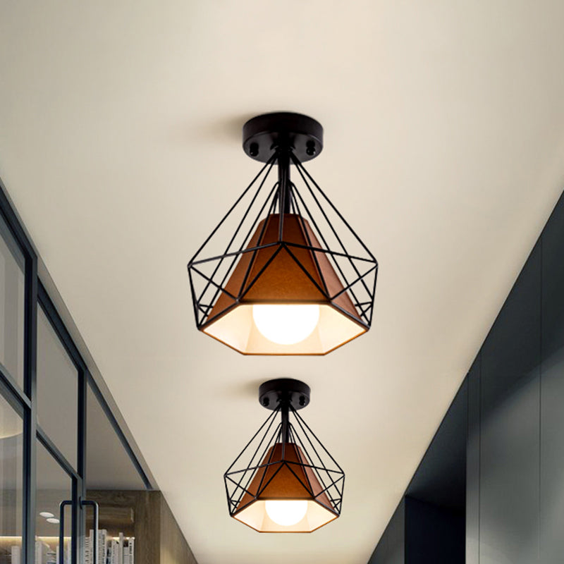 Cage Style Small Aisle Flush Ceiling Light Fixture Industrial Metal 1 Head Black Flushmount Lighting Clearhalo 'Ceiling Lights' 'Close To Ceiling Lights' 'Close to ceiling' 'Flush mount' 'Industrial Flush Mount' Lighting' 2460478