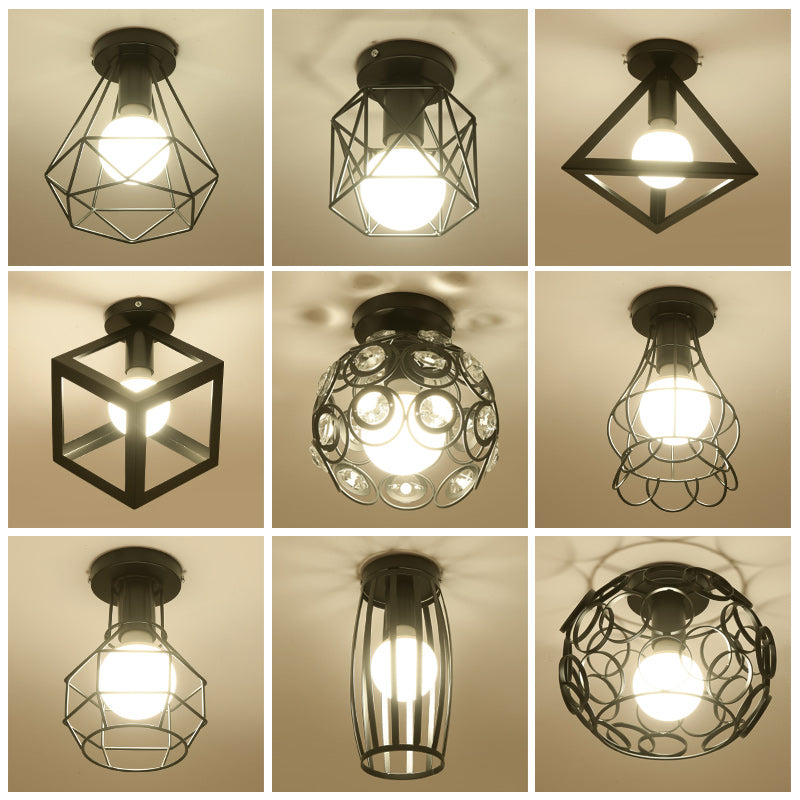 Cage Style Small Aisle Flush Ceiling Light Fixture Industrial Metal 1 Head Black Flushmount Lighting Clearhalo 'Ceiling Lights' 'Close To Ceiling Lights' 'Close to ceiling' 'Flush mount' 'Industrial Flush Mount' Lighting' 2460480