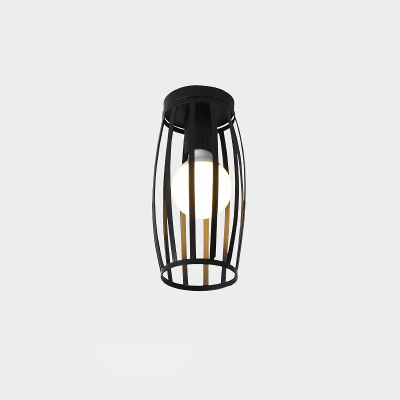 Cage Style Small Aisle Flush Ceiling Light Fixture Industrial Metal 1 Head Black Flushmount Lighting Black Barrel Clearhalo 'Ceiling Lights' 'Close To Ceiling Lights' 'Close to ceiling' 'Flush mount' 'Industrial Flush Mount' Lighting' 2460481