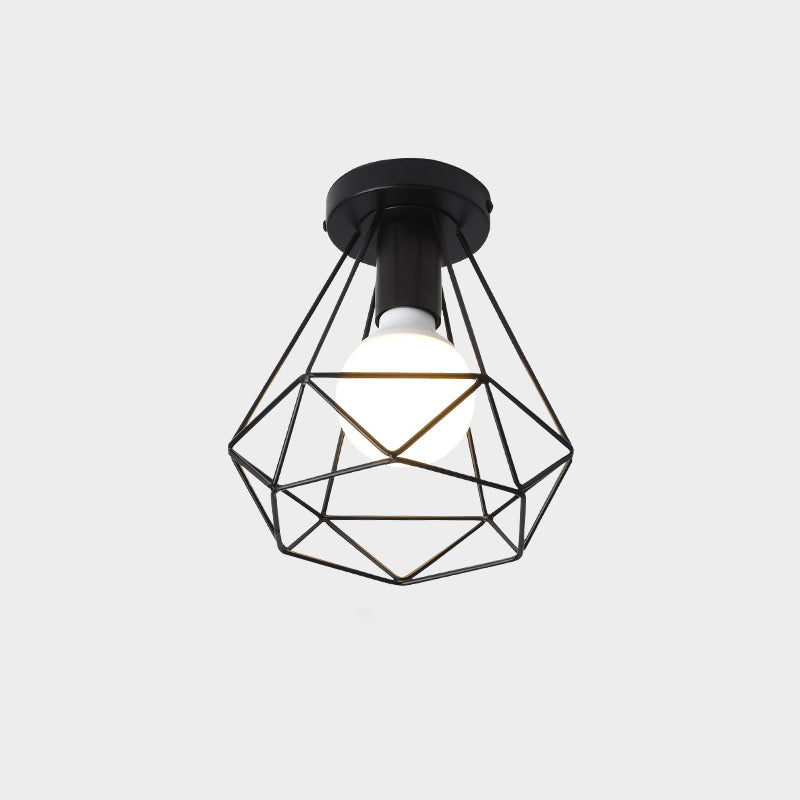 Cage Style Small Aisle Flush Ceiling Light Fixture Industrial Metal 1 Head Black Flushmount Lighting Black Diamond Clearhalo 'Ceiling Lights' 'Close To Ceiling Lights' 'Close to ceiling' 'Flush mount' 'Industrial Flush Mount' Lighting' 2460482