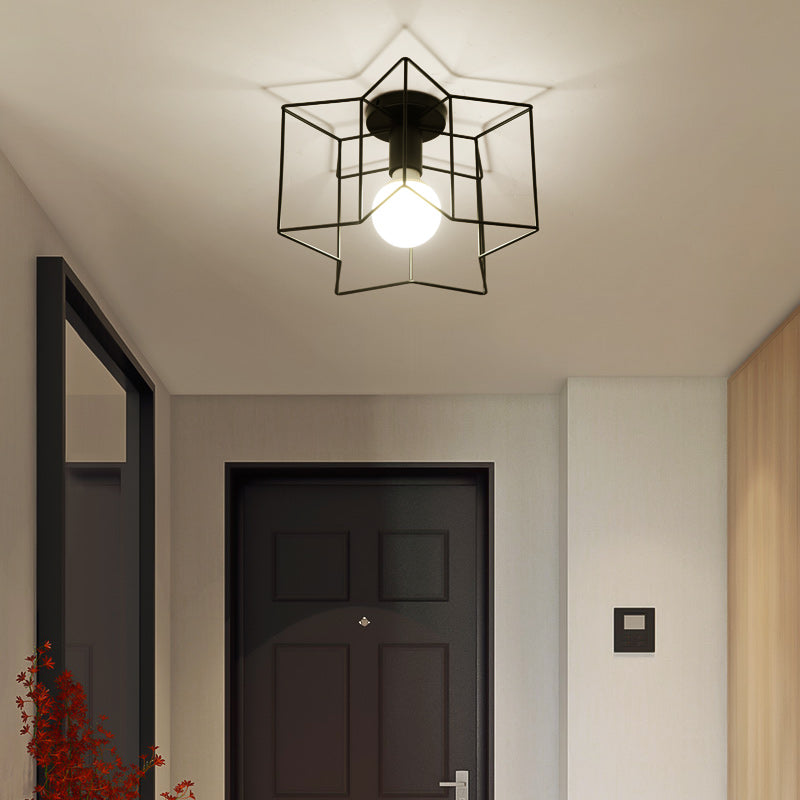 Cage Style Small Aisle Flush Ceiling Light Fixture Industrial Metal 1 Head Black Flushmount Lighting Clearhalo 'Ceiling Lights' 'Close To Ceiling Lights' 'Close to ceiling' 'Flush mount' 'Industrial Flush Mount' Lighting' 2460483