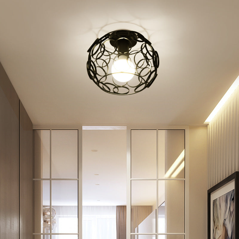 Cage Style Small Aisle Flush Ceiling Light Fixture Industrial Metal 1 Head Black Flushmount Lighting Clearhalo 'Ceiling Lights' 'Close To Ceiling Lights' 'Close to ceiling' 'Flush mount' 'Industrial Flush Mount' Lighting' 2460485