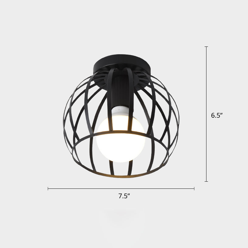 Cage Style Small Aisle Flush Ceiling Light Fixture Industrial Metal 1 Head Black Flushmount Lighting Clearhalo 'Ceiling Lights' 'Close To Ceiling Lights' 'Close to ceiling' 'Flush mount' 'Industrial Flush Mount' Lighting' 2460489