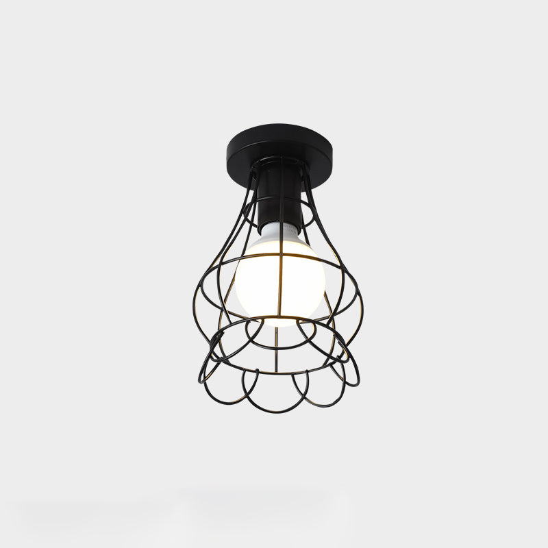 Cage Style Small Aisle Flush Ceiling Light Fixture Industrial Metal 1 Head Black Flushmount Lighting Black Flower Clearhalo 'Ceiling Lights' 'Close To Ceiling Lights' 'Close to ceiling' 'Flush mount' 'Industrial Flush Mount' Lighting' 2460490