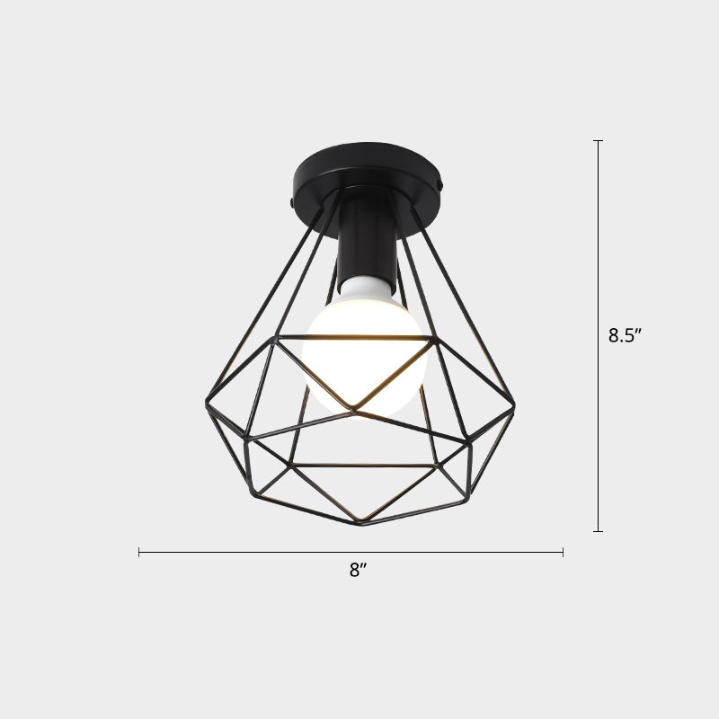 Cage Style Small Aisle Flush Ceiling Light Fixture Industrial Metal 1 Head Black Flushmount Lighting Clearhalo 'Ceiling Lights' 'Close To Ceiling Lights' 'Close to ceiling' 'Flush mount' 'Industrial Flush Mount' Lighting' 2460492