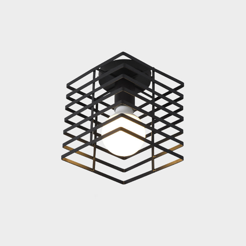 Cage Style Small Aisle Flush Ceiling Light Fixture Industrial Metal 1 Head Black Flushmount Lighting Black Rectangle Clearhalo 'Ceiling Lights' 'Close To Ceiling Lights' 'Close to ceiling' 'Flush mount' 'Industrial Flush Mount' Lighting' 2460493