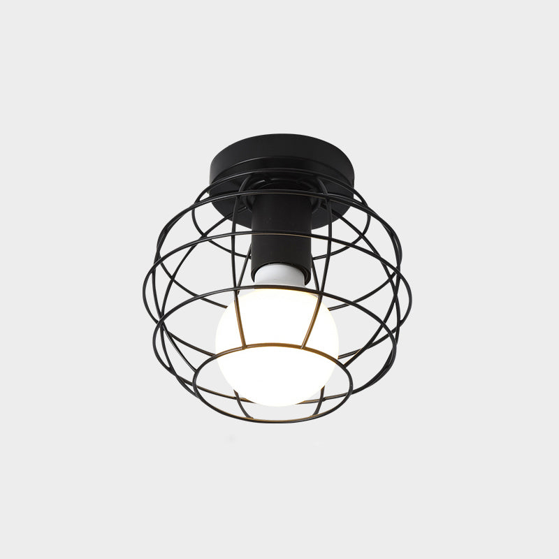 Cage Style Small Aisle Flush Ceiling Light Fixture Industrial Metal 1 Head Black Flushmount Lighting Black Globe Clearhalo 'Ceiling Lights' 'Close To Ceiling Lights' 'Close to ceiling' 'Flush mount' 'Industrial Flush Mount' Lighting' 2460495