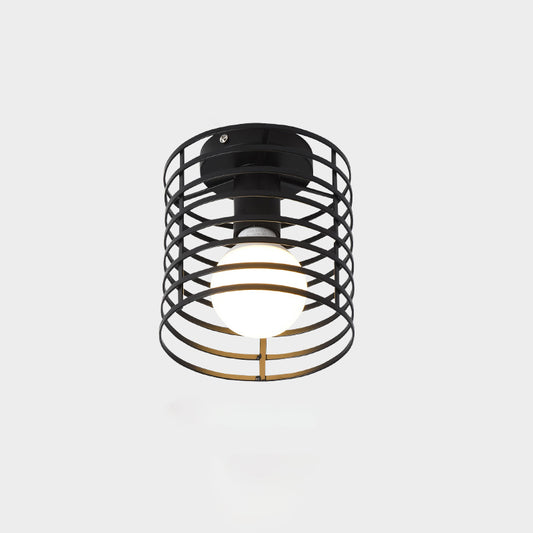 Cage Style Small Aisle Flush Ceiling Light Fixture Industrial Metal 1 Head Black Flushmount Lighting Black Cylinder Clearhalo 'Ceiling Lights' 'Close To Ceiling Lights' 'Close to ceiling' 'Flush mount' 'Industrial Flush Mount' Lighting' 2460500