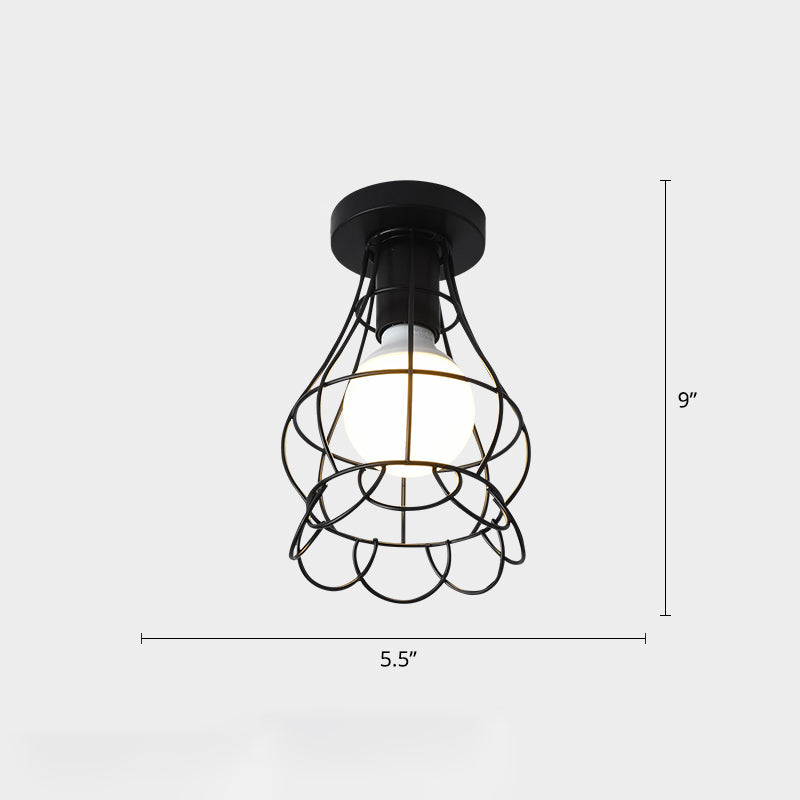 Cage Style Small Aisle Flush Ceiling Light Fixture Industrial Metal 1 Head Black Flushmount Lighting Clearhalo 'Ceiling Lights' 'Close To Ceiling Lights' 'Close to ceiling' 'Flush mount' 'Industrial Flush Mount' Lighting' 2460501