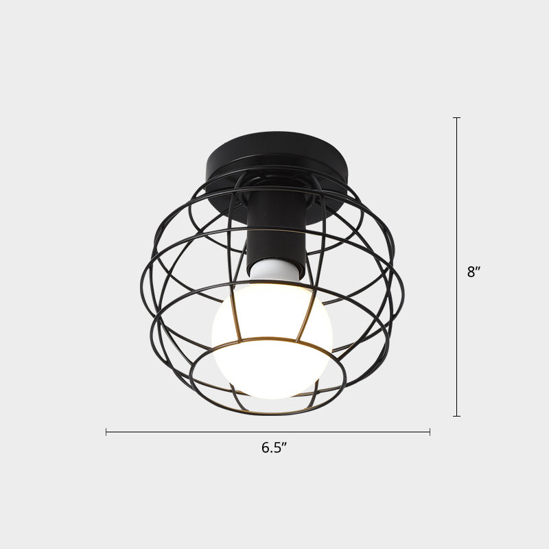 Cage Style Small Aisle Flush Ceiling Light Fixture Industrial Metal 1 Head Black Flushmount Lighting Clearhalo 'Ceiling Lights' 'Close To Ceiling Lights' 'Close to ceiling' 'Flush mount' 'Industrial Flush Mount' Lighting' 2460504