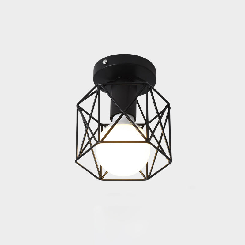 Cage Style Small Aisle Flush Ceiling Light Fixture Industrial Metal 1 Head Black Flushmount Lighting Black Geometric Clearhalo 'Ceiling Lights' 'Close To Ceiling Lights' 'Close to ceiling' 'Flush mount' 'Industrial Flush Mount' Lighting' 2460505