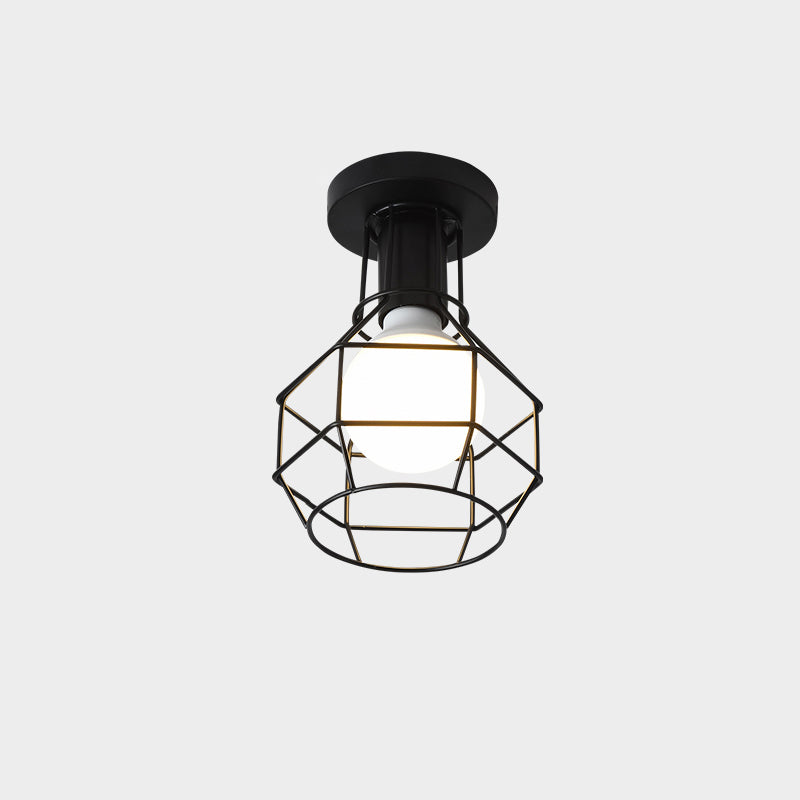 Cage Style Small Aisle Flush Ceiling Light Fixture Industrial Metal 1 Head Black Flushmount Lighting Black Novelty Clearhalo 'Ceiling Lights' 'Close To Ceiling Lights' 'Close to ceiling' 'Flush mount' 'Industrial Flush Mount' Lighting' 2460507