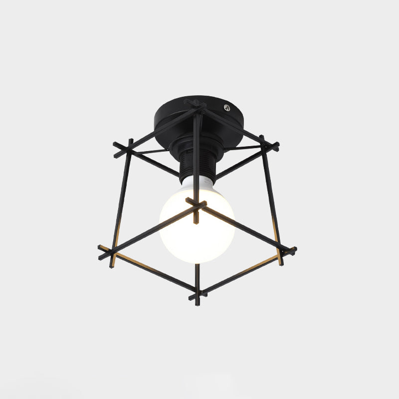 Cage Style Small Aisle Flush Ceiling Light Fixture Industrial Metal 1 Head Black Flushmount Lighting Black Trapezoid Clearhalo 'Ceiling Lights' 'Close To Ceiling Lights' 'Close to ceiling' 'Flush mount' 'Industrial Flush Mount' Lighting' 2460508