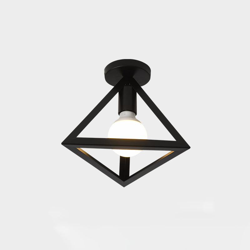 Cage Style Small Aisle Flush Ceiling Light Fixture Industrial Metal 1 Head Black Flushmount Lighting Black Triangle Clearhalo 'Ceiling Lights' 'Close To Ceiling Lights' 'Close to ceiling' 'Flush mount' 'Industrial Flush Mount' Lighting' 2460510