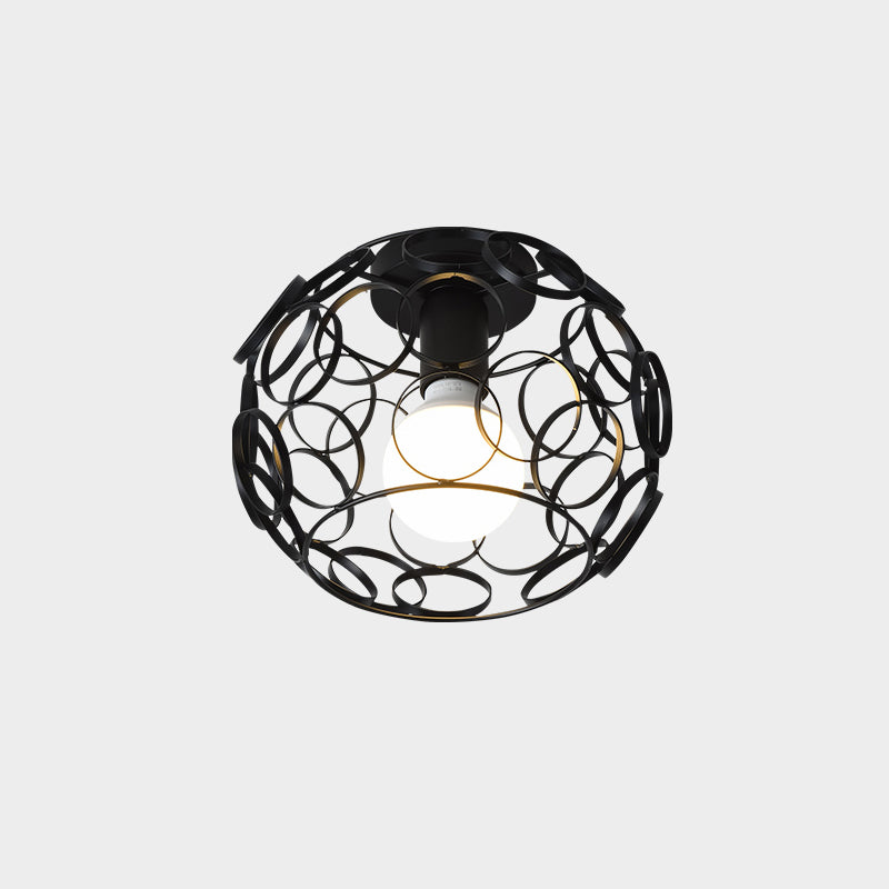 Cage Style Small Aisle Flush Ceiling Light Fixture Industrial Metal 1 Head Black Flushmount Lighting Black Circle Clearhalo 'Ceiling Lights' 'Close To Ceiling Lights' 'Close to ceiling' 'Flush mount' 'Industrial Flush Mount' Lighting' 2460512