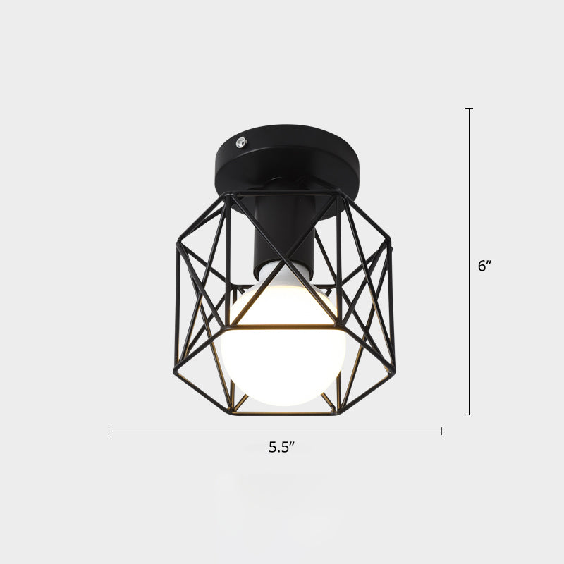 Cage Style Small Aisle Flush Ceiling Light Fixture Industrial Metal 1 Head Black Flushmount Lighting Clearhalo 'Ceiling Lights' 'Close To Ceiling Lights' 'Close to ceiling' 'Flush mount' 'Industrial Flush Mount' Lighting' 2460515