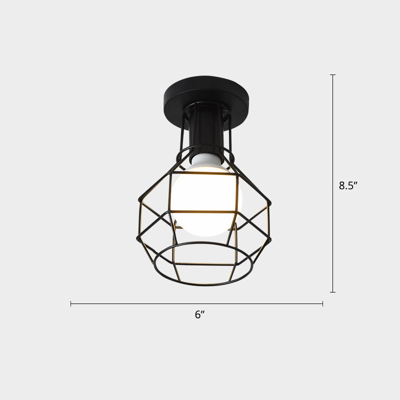 Cage Style Small Aisle Flush Ceiling Light Fixture Industrial Metal 1 Head Black Flushmount Lighting Clearhalo 'Ceiling Lights' 'Close To Ceiling Lights' 'Close to ceiling' 'Flush mount' 'Industrial Flush Mount' Lighting' 2460516