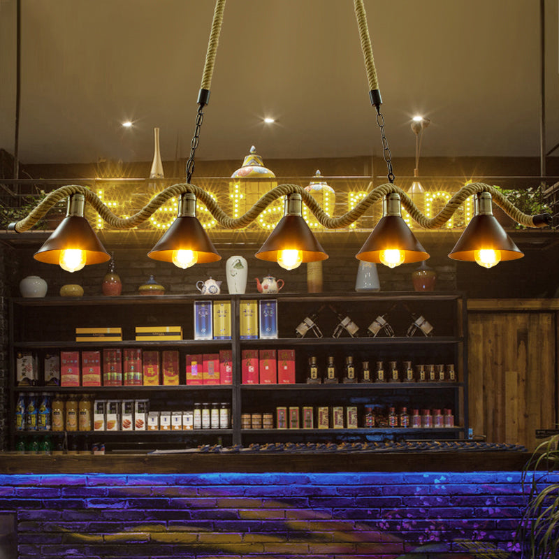 Black Conical Hanging Light Industrial Metal Bistro Island Lighting with Hemp Rope Clearhalo 'Ceiling Lights' 'Island Lights' Lighting' 2460522