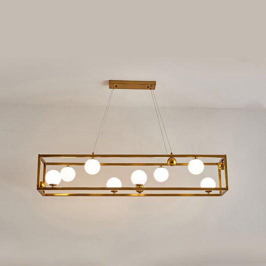 Rectangular Metal Ceiling Pendant Industrial Dining Room Hanging Light with Ball Milk Glass Shade 8 Gold Clearhalo 'Ceiling Lights' 'Island Lights' Lighting' 2460527