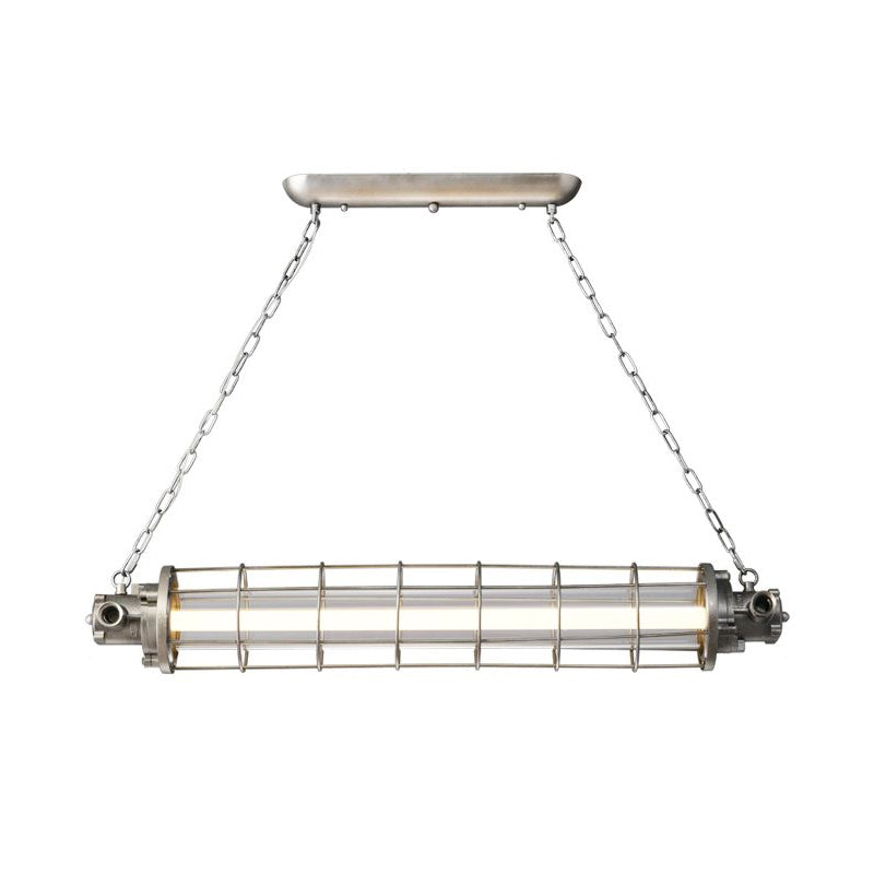 Cylindrical Wire Cage LED Island Light Industrial Silver Metal Pendant Lighting with Inner Clear Glass Shade Silver 47" Clearhalo 'Ceiling Lights' 'Island Lights' Lighting' 2460544