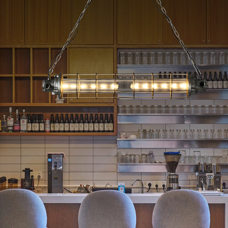 Cylindrical Wire Cage LED Island Light Industrial Silver Metal Pendant Lighting with Inner Clear Glass Shade Clearhalo 'Ceiling Lights' 'Island Lights' Lighting' 2460546