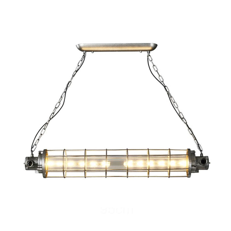 Cylindrical Wire Cage LED Island Light Industrial Silver Metal Pendant Lighting with Inner Clear Glass Shade Silver 37.5" Clearhalo 'Ceiling Lights' 'Island Lights' Lighting' 2460547
