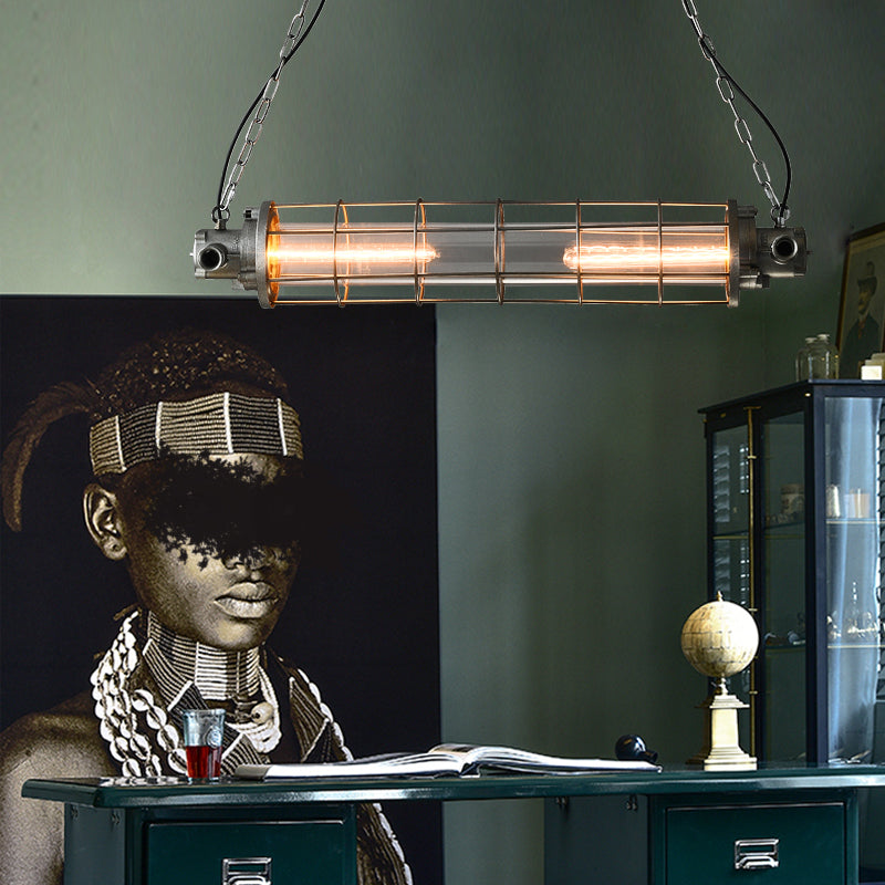 Cylindrical Wire Cage LED Island Light Industrial Silver Metal Pendant Lighting with Inner Clear Glass Shade Clearhalo 'Ceiling Lights' 'Island Lights' Lighting' 2460548