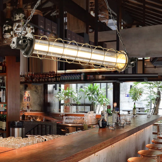 Cylindrical Wire Cage LED Island Light Industrial Silver Metal Pendant Lighting with Inner Clear Glass Shade Clearhalo 'Ceiling Lights' 'Island Lights' Lighting' 2460550